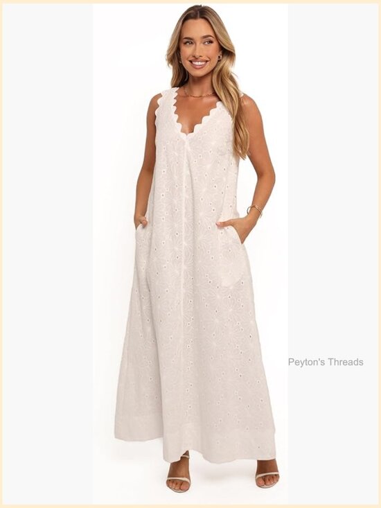 Dresses & Skirts - Sleeveless V-Neck Maxi Dress with Embroidery Anglaise